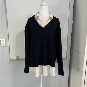 Ann Taylor Factory V-Neck Black and White Faux Collar Sweater